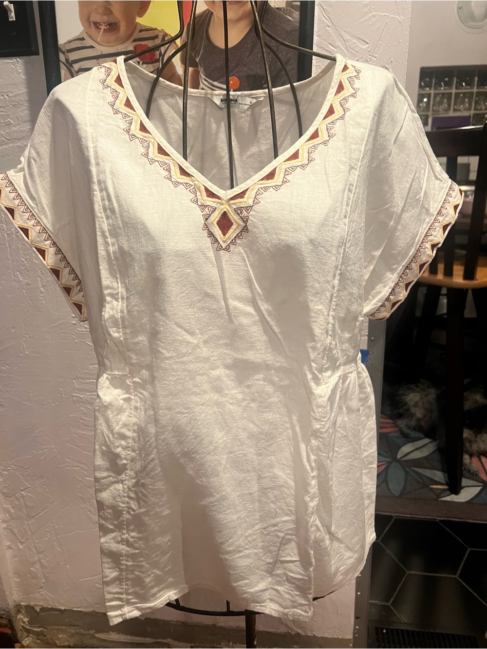 Sonoma White V-Neck Tunic with Geometric Embroidered Trim